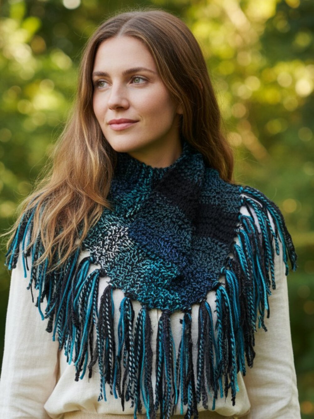 NEW Hand Knitted Cowl Scarf Black Aqua Mosaic Boho Indie Artsy Glam Festival Mod
